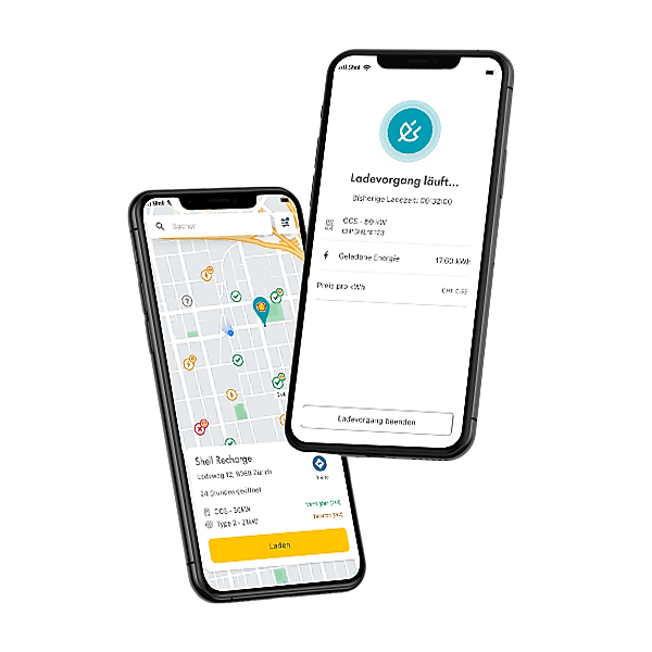 Two smartphones showing the Shell App: one with a map of charging stations and one with an active charging session.