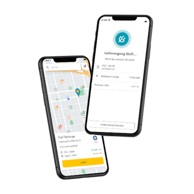 Zwei Smartphones mit der Shell App: eine Karte mit Ladestationen und eine Anzeige eines laufenden Ladevorgangs.
